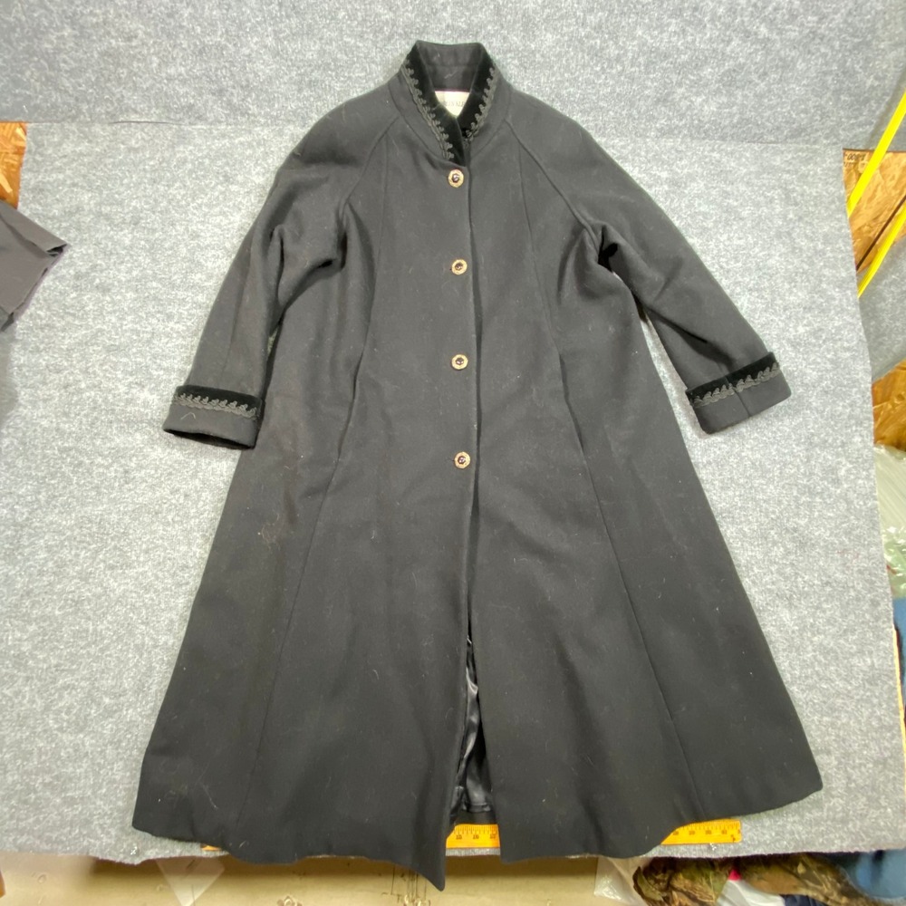 Charles Klein Vintage Black Wool‎ Long Coat Velvet Trim Soutache Ukraine Made L